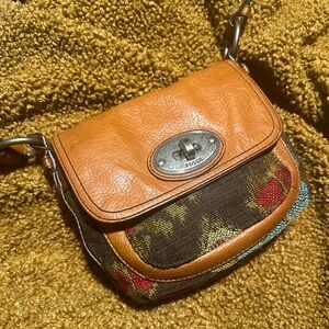 Vintage Fossil Maddox Brown Leather Tapestry Messenger Purse Crossbody